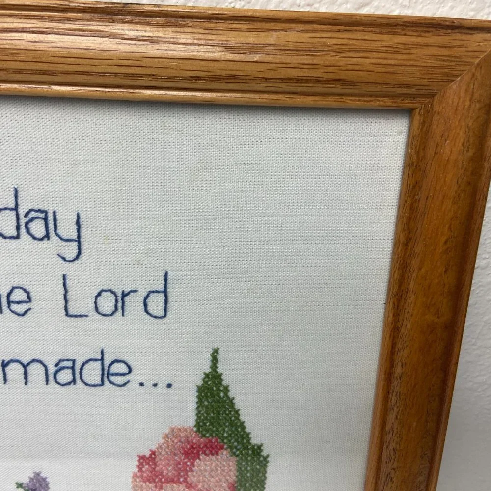 Vintage Cross stitch Flowers Butterfly Wooden Frame Handmade